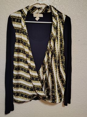 MICHAEL Michael Kors Black & Gold Chain Print Drape Front Top